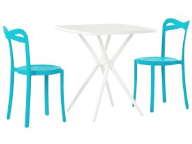 Bistro Set White and Blue Synthetic 2 Stacking Chairs Square Table Lightweight Indoor Outdoor Plastic Modern 