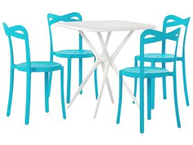 Garden Dining Set White and Blue Synthetic 4 Stacking Chairs Square Table Lightweight Indoor Outdoor Plastic Modern 