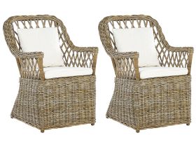 Set of 2 Garden Armchairs Natural Rattan with Cotton Seat Back Cushions Off-White Indoor Outdoor 