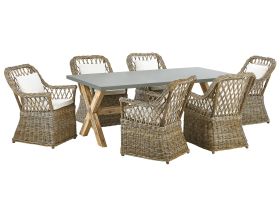 Garden Dining Set Natural Concrete Table 6 Rattan Wicker Chairs with Cotton Cushions 
