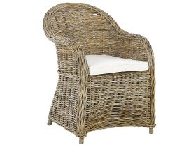 Garden Armchair Natural Rattan with Cotton Seat Cushion Off-White Indoor Outdoor 