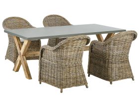 Garden Dining Set Natural Concrete Table 4 Rattan Wicker Chairs with Cotton Cushions 