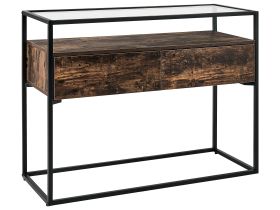 Console Table Dark Wood with Black Glass Top Metal Frame Storage Function Rectangular Modern Design 