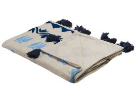 Blanket Beige and Blue Cotton 130 x 180 cm Handmade Embrioidery Bed Throw Cosy Floral Pattern with Tassels 
