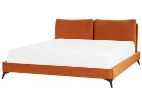 EU Super King Size Bed Orange Velvet Upholstery 6ft Slatted Base with Thick Padded Headboard with Cushions 