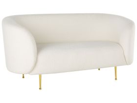 2 Seater Sofa White Boucle Fabric Soft Nubby Gold Legs Retro Glam Art Decor Style 