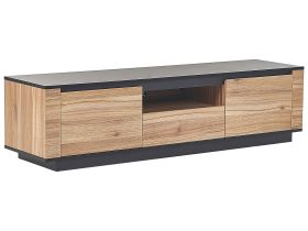 TV Stand Light Wood and Black MDF 1 Drawers 2 Cabinets Cable Grommet Modern Style  
