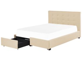 EU Double Size Bed Beige Fabric 4ft6 Upholstered Frame Buttoned Headrest with Storage Drawers 