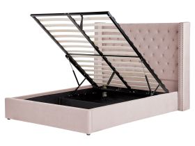 Bed Frame with Storage Pink Velvet Upholstered 5ft3 EU King Size High Headboard 