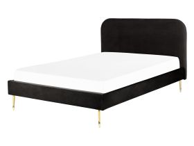 Bed Black Velvet Upholstery EU Double Size Golden Legs Headboard Slatted Frame 4.6 ft Minimalist Design 