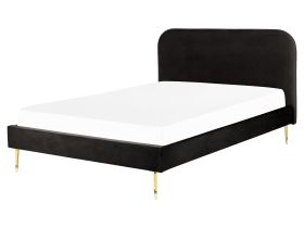 Bed Black Velvet Upholstery EU King Size Golden Legs Headboard Slatted Frame 5.3 ft Minimalist Design 