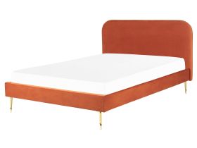 Bed Orange Velvet Upholstery EU King Size Golden Legs Headboard Slatted Frame 5.3 ft Minimalist Design 