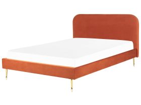 Bed Orange Velvet Upholstery EU Super King Size Golden Legs Headboard Slatted Frame 6 ft Minimalist Design 