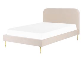 Bed Light Beige Velvet Upholstery EU Double Size Golden Legs Headboard Slatted Frame 4.6 ft Minimalist Design 