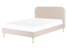 Bed Light Beige Velvet Upholstery EU King Size Golden Legs Headboard Slatted Frame 5.3 ft Minimalist Design 