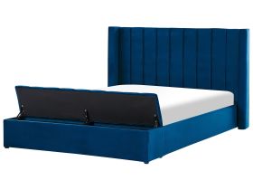 EU Super King Size Panel Bed Blue Velvet 6ft Slatted Base High Headrest with Storage Bench 