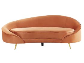 Sofa Orange Velvet Glamour Curved Retro Styled 3 Seater with Gold Metallic Legs 