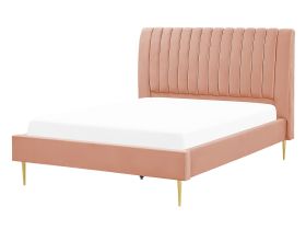 EU Double Size Panel Bed 4ft6 Peach Velvet Slatted Base High Headrest Vintage 