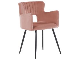 Dining Chair Peach Pink Velvet with Armrests Cut-Out Backrest Black Metal Legs 