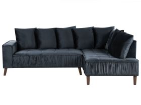 Corner Sofa Black Velvet Fabric Cushions Metal Legs with Wood Finish 