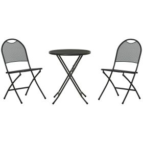 3 Piece Garden Bistro Set w/ Folding Design Mesh Metal Outdoor Coffee Table Set Two Chairs Black