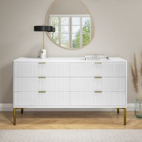 High Gloss White and Gold Wide Chest of 6 Drawers - Valencia