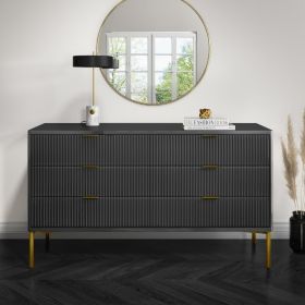 High Gloss Dark Grey and Gold Wide Chest 6 Drawers - Valencia