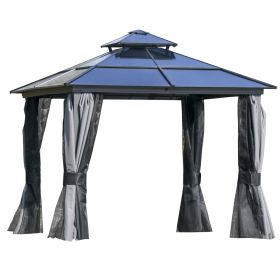 3 x 3M Polycarbonate Hardtop Gazebo Canopy with Double-Tier Roof and Aluminium Frame, Garden Pavilion with Mosquito Netting and Curtains