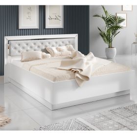 Watkins Silver Details Soft Headboard Kingsize Bed - White with White Gloss