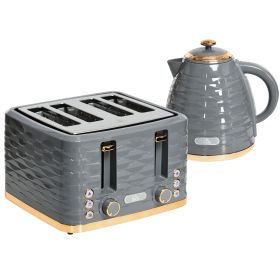 Kettle and Toaster Sets, 1600W 1.7L Rapid Boil Kettle & 4 Slice Toaster w/7 Browning Controls Defrost Reheat Crumb Tray Otter thermostat Grey