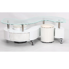 Stoke White Border Coffee Table with Two Stool Set  SStylish High Gloss Drawer and Glass Top