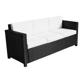 Garden Rattan Sofa 3 Seater All-Weather Wicker Weave Metal Frame Chair with Fire Resistant Cushion - Black