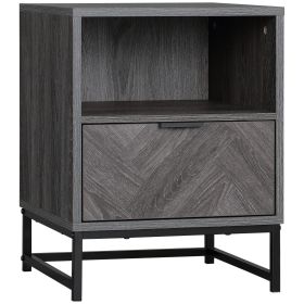 Bedside Table with Drawer and Shelf, Side End Table with Steel Legs for Living Room, Bedroom, Dark Grey
