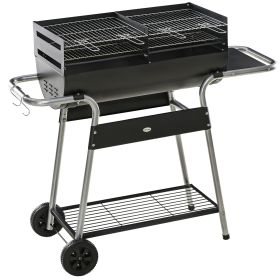Charcoal Barbecue Grill BBQ Trolley with Double Grill, Side Table, Storage Shelf, and Wheels for Outdoor Cooking, 130 x 51 x 111cm, Black