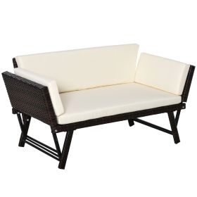 2 Seater Rattan Folding Daybed Sofa Bench Garden Chaise Lounger Loveseat with Cushion Outdoor Patio Brown
