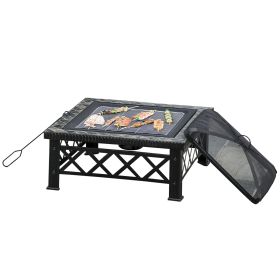 3 in 1 Square Fire Pit Square Table Metal Brazier for Garden, Patio with BBQ Grill Shelf, Spark Screen Cover, Grate, Poker, 76 x 76 x 47cm