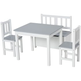 Modern Design 4 Piece Kids Table Set with 2 Wooden Chairs, 1 Storage Bench - Grey with White