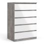 Naia Chest of 5 Drawers in Concrete and White High Gloss - Grey and White High Gloss