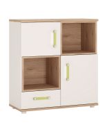 4Kids 2 Door 1 Drawer Cupboard with 2 Open Shelves - Light Oak and White High Gloss Lemon Handles