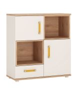 4Kids 2 Door 1 Drawer Cupboard with 2 Open Shelves - Light Oak and White High Gloss Orange Handles