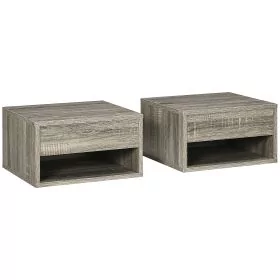 HERON Set of Two Floating Bedside Tables Wall Mounted Nightstands with Drawer and Shelf for Bedroom, Brown Wood-Effect