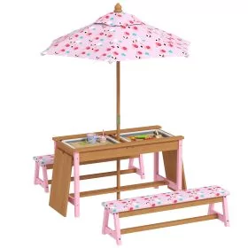 AIVAGO Kids Picnic Table Set with Removable & Foldable Umbrella, Cushions, Storage Boxes, Flamingo Theme, Pink