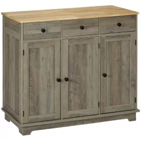 HERON Modern Sideboard, Rubberwood Top Buffet Cabinet with Drawers, Adjustable Shelves, Grey Wood-Effect