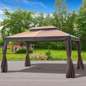 2-Tier Canopy Design Metal Frame Garden Gazebo Coffee Colour- 3x4M