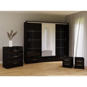 Wardrobe Set - WARRINGTON 3 Door Bedroom Set 4 Piece Black 250cm