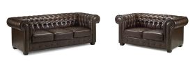 Chantel Chesterfield Bonded Leather 3 and 2 Sofa Set - Antique Brown
