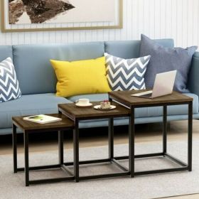 Black Metal Frame Compact Design 3 Nest of Table - Brown