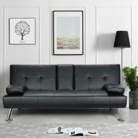 Faux Leather 3 Seater Recliner Cup Holder Sofa Bed - Black 