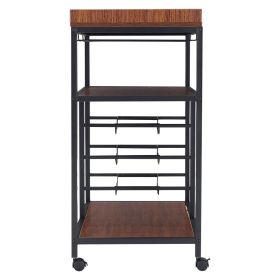 3 Tier Kitchen Trolley with Tea Tray Wood Storage Shelf and Wine Rack, Brown