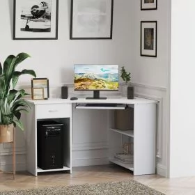 Super Space Saving L Shaped Corner Computer Desk with 2 Shelves, Keyboard Tray - White